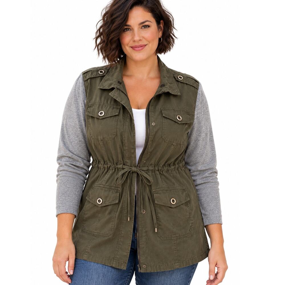 Torrid Utility Jacket Womens Size 1X Olive Green Gray Knit Sleeve Anorak Topper